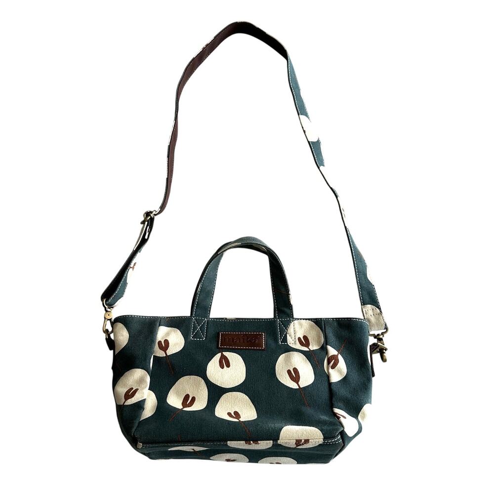 Maika Teal Floral Canvas Shoulder Bag with Cream Blooms